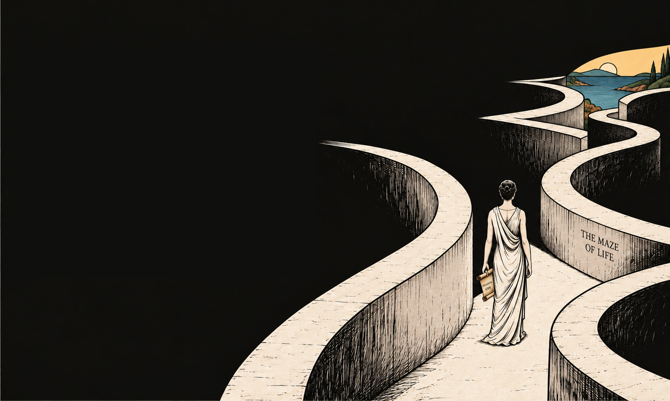 A figure carrying a scroll follows a winding path through a dark maze toward an open coastline.