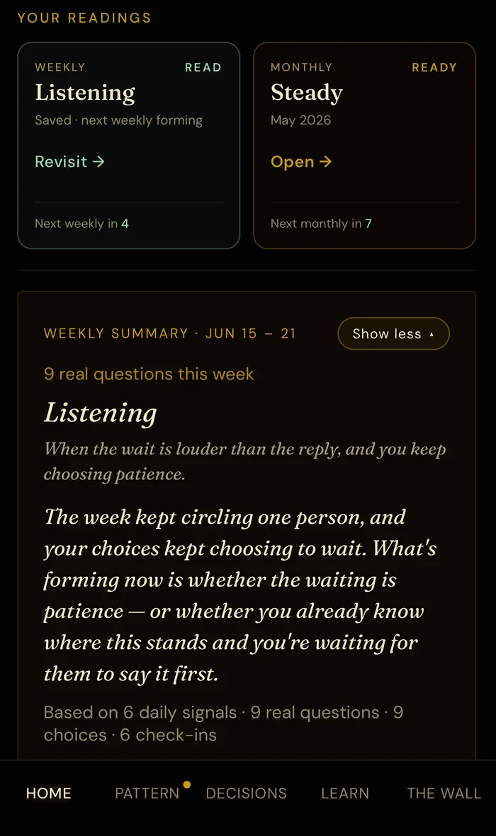 Example Shadow OS weekly read — 'Listening', with the monthly read 'Steady'